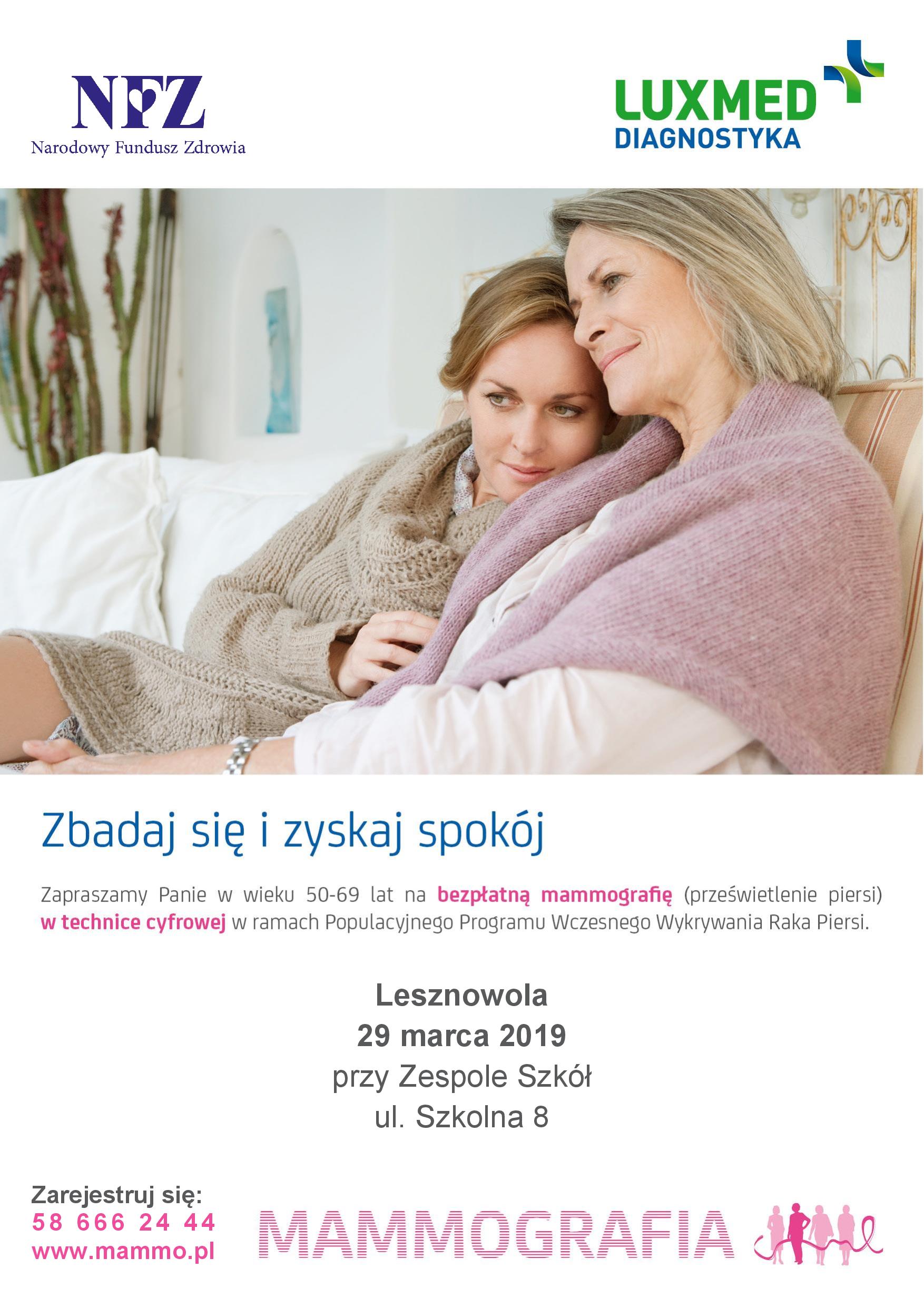 Bezpłatne badania mammograficzne dla kobiet w wieku 50-69 lat w marcu 2019 - Lesznowola