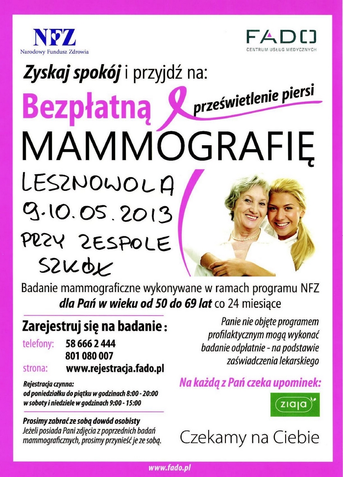 Bezpłatne badanie mammograficzne Lesznowola