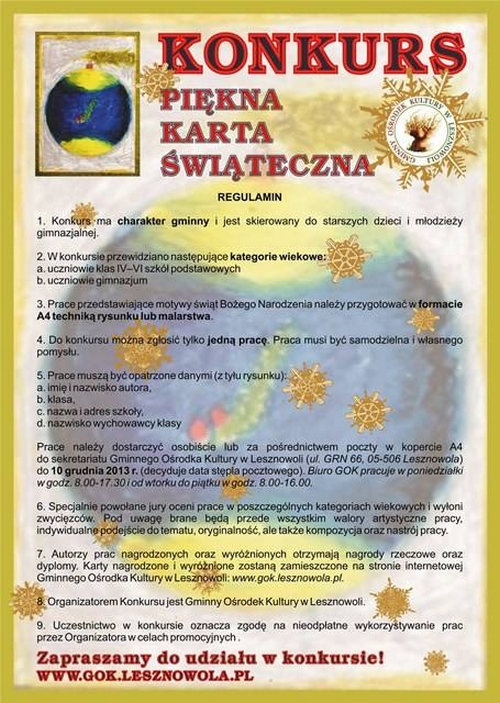 Piękna Karta Świąteczna - konkurs plastyczny dla dzieci z terenu gminy Lesznowola