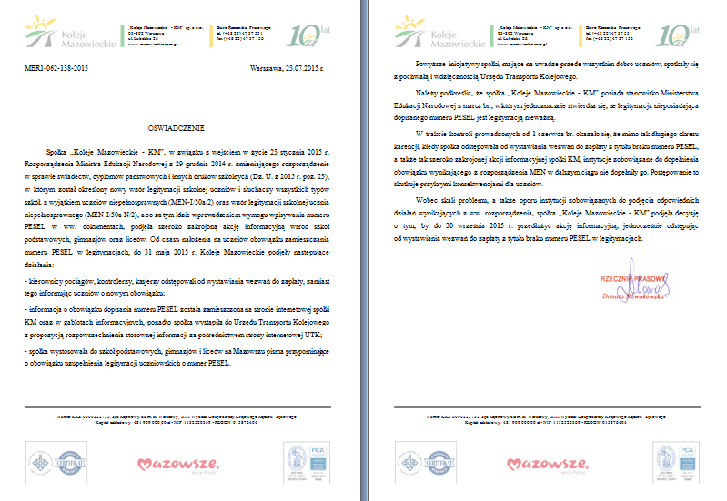 Oświadczenie Kolei Mazowieckich na temat działań podjętych ws. obowiązku umieszczania numeru pesel w legitymacjach uczniowskich
