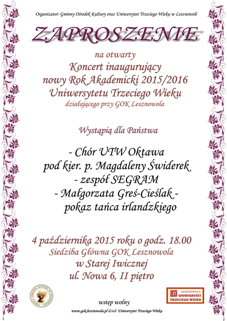 Koncert z okazji uroczystej inauguracji roku akademickiego UTW Lesznowola